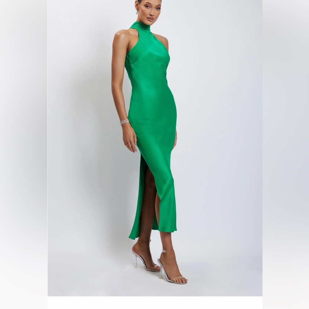 Satin Drape Back Maxi Dress with Split - Green